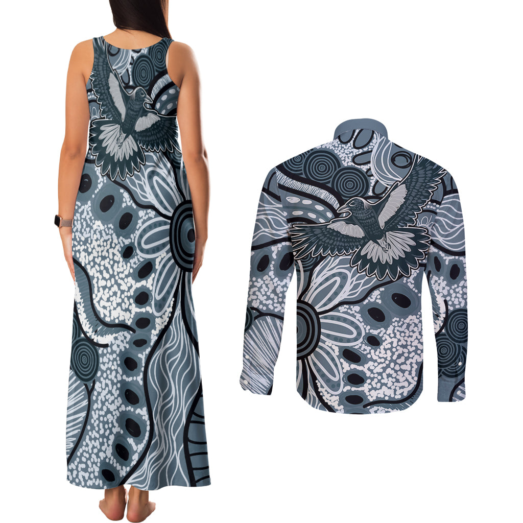 Magpies Aboriginal Art Couples Matching Tank Maxi Dress and Long Sleeve Button Shirt