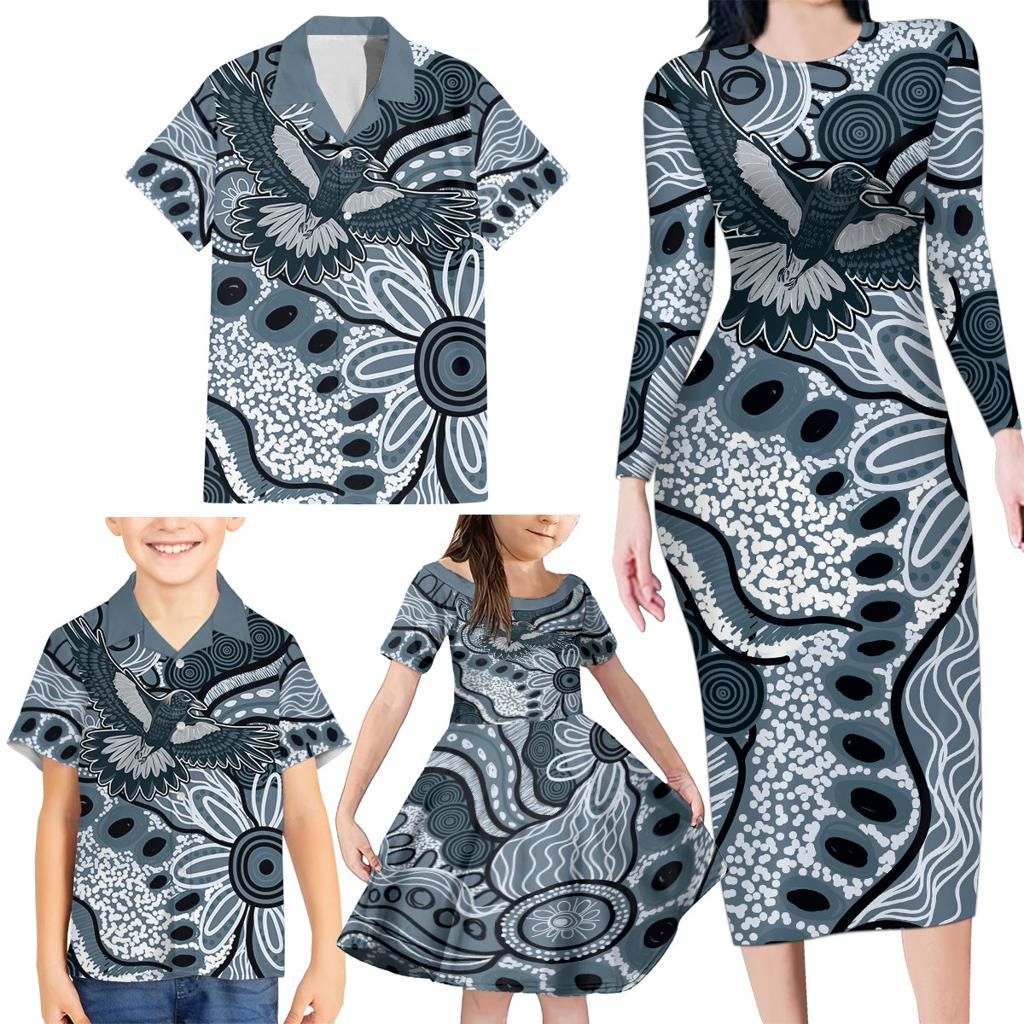 Magpies Aboriginal Art Family Matching Long Sleeve Bodycon Dress and Hawaiian Shirt