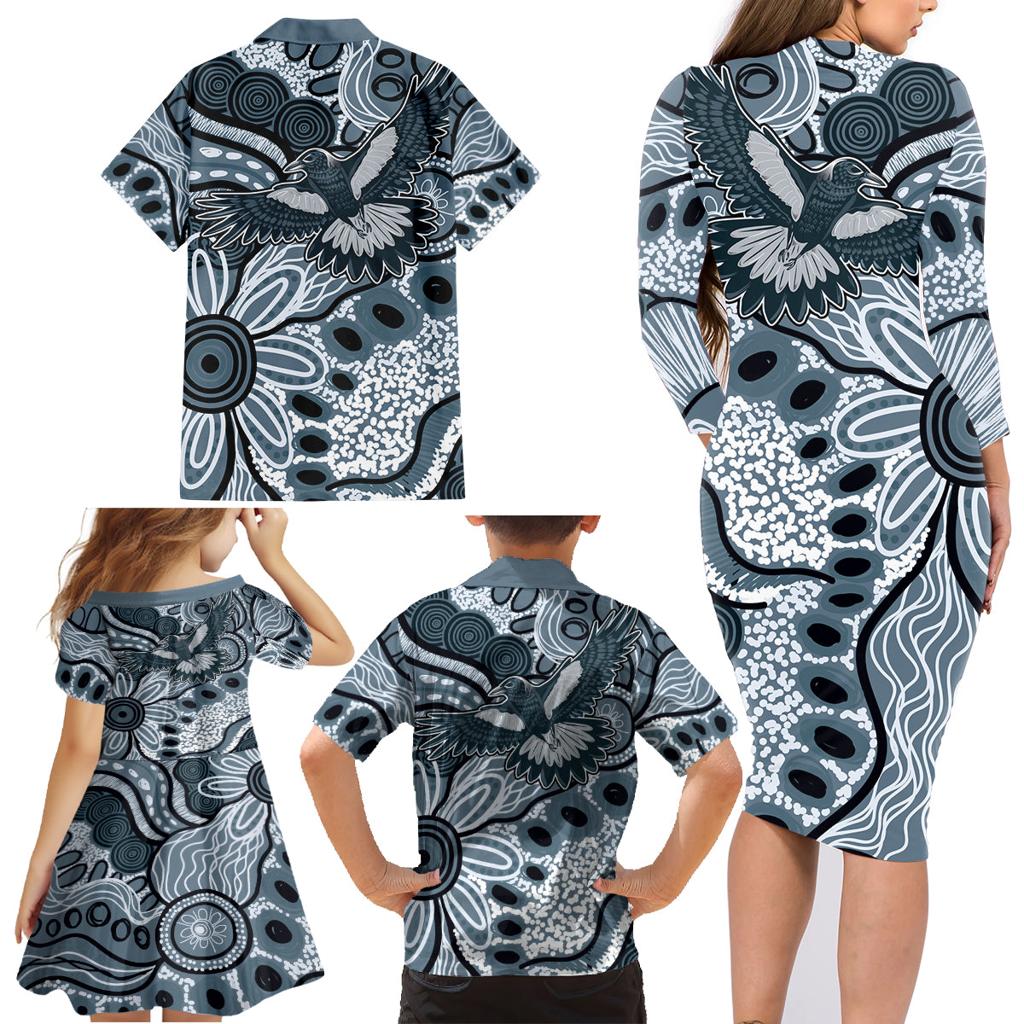 Magpies Aboriginal Art Family Matching Long Sleeve Bodycon Dress and Hawaiian Shirt