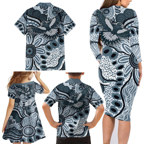 Magpies Aboriginal Art Family Matching Long Sleeve Bodycon Dress and Hawaiian Shirt