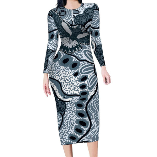 Magpies Aboriginal Art Family Matching Long Sleeve Bodycon Dress and Hawaiian Shirt
