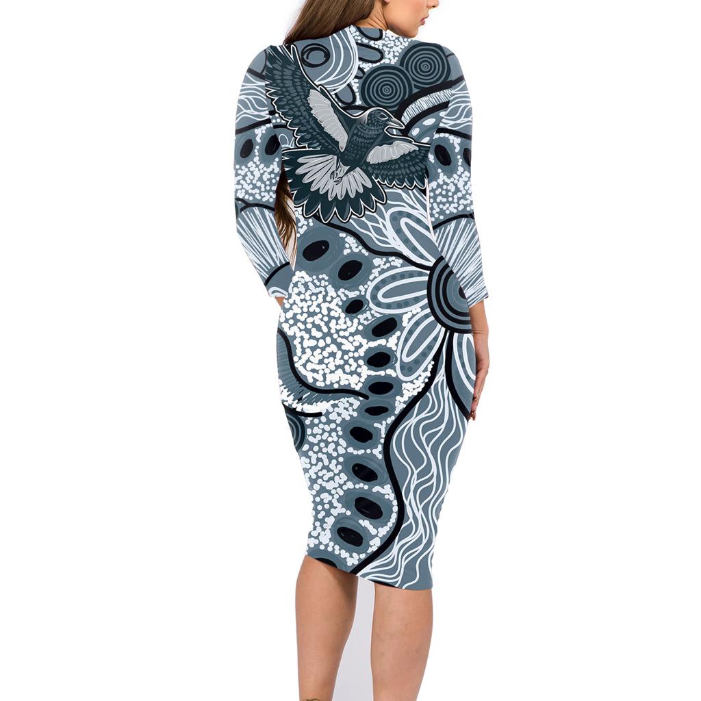 Magpies Aboriginal Art Family Matching Long Sleeve Bodycon Dress and Hawaiian Shirt