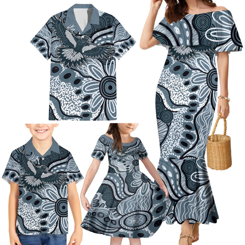 Magpies Aboriginal Art Family Matching Mermaid Dress and Hawaiian Shirt