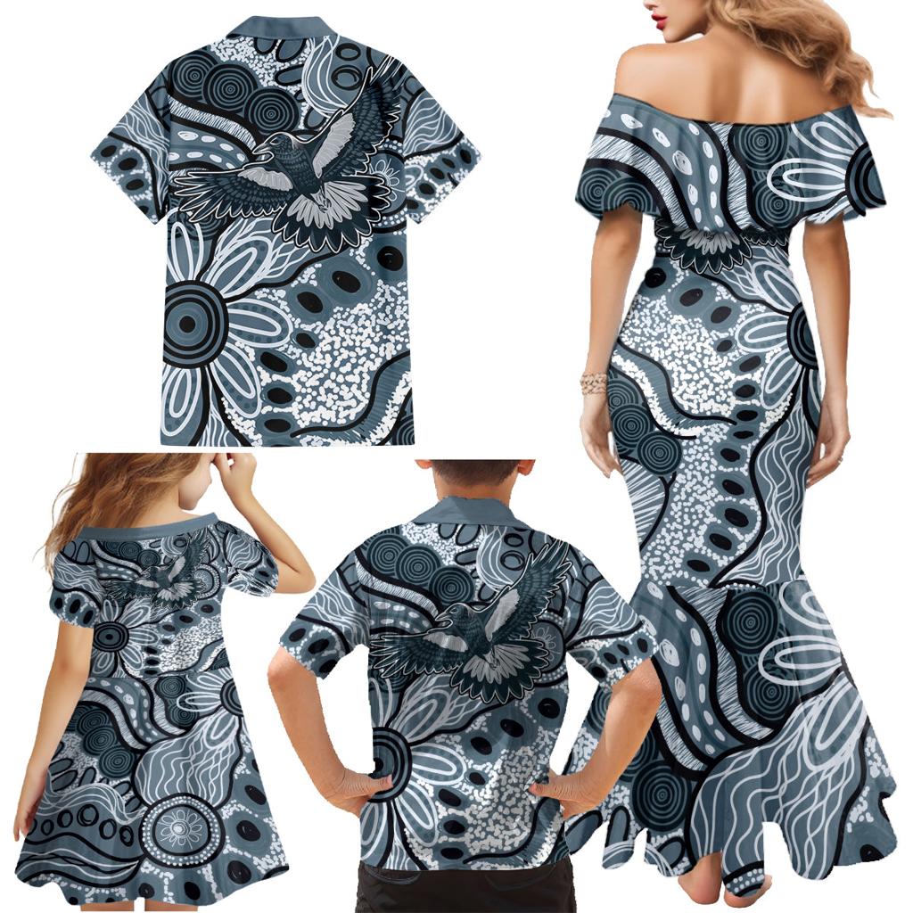 Magpies Aboriginal Art Family Matching Mermaid Dress and Hawaiian Shirt