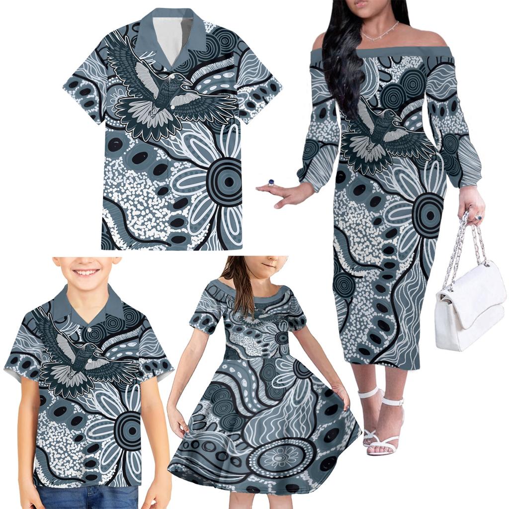Magpies Aboriginal Art Family Matching Off The Shoulder Long Sleeve Dress and Hawaiian Shirt