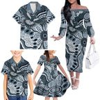 Magpies Aboriginal Art Family Matching Off The Shoulder Long Sleeve Dress and Hawaiian Shirt
