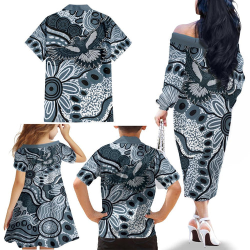 Magpies Aboriginal Art Family Matching Off The Shoulder Long Sleeve Dress and Hawaiian Shirt