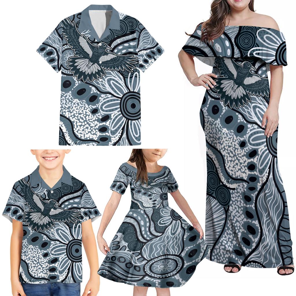 Magpies Aboriginal Art Family Matching Off Shoulder Maxi Dress and Hawaiian Shirt