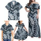 Magpies Aboriginal Art Family Matching Off Shoulder Maxi Dress and Hawaiian Shirt