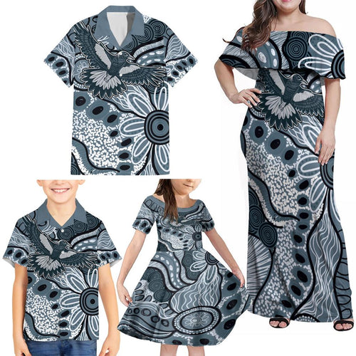 Magpies Aboriginal Art Family Matching Off Shoulder Maxi Dress and Hawaiian Shirt