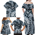 Magpies Aboriginal Art Family Matching Off Shoulder Maxi Dress and Hawaiian Shirt