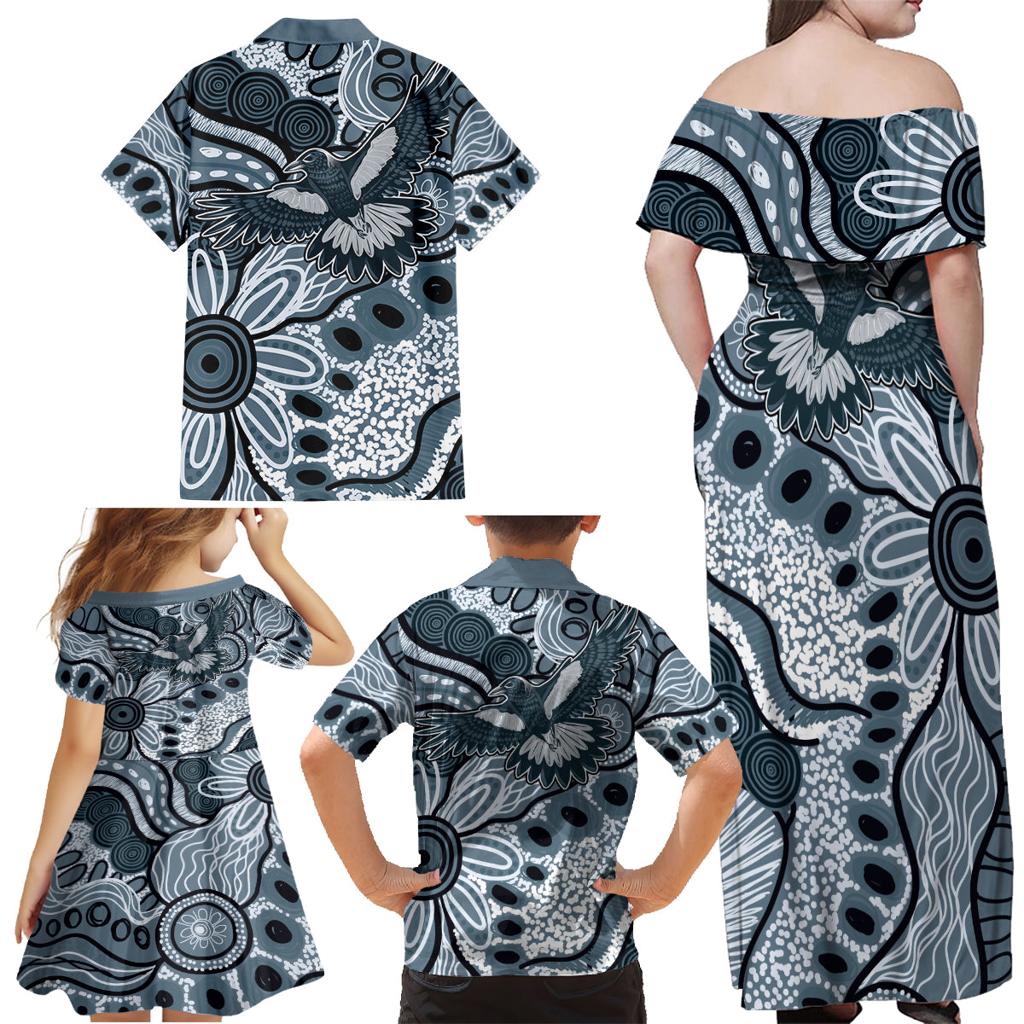 Magpies Aboriginal Art Family Matching Off Shoulder Maxi Dress and Hawaiian Shirt