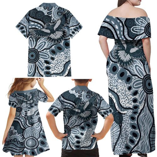 Magpies Aboriginal Art Family Matching Off Shoulder Maxi Dress and Hawaiian Shirt