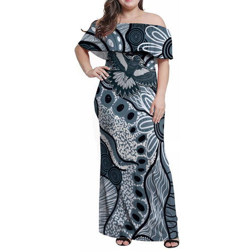 Magpies Aboriginal Art Family Matching Off Shoulder Maxi Dress and Hawaiian Shirt
