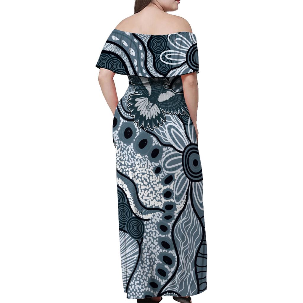 Magpies Aboriginal Art Family Matching Off Shoulder Maxi Dress and Hawaiian Shirt