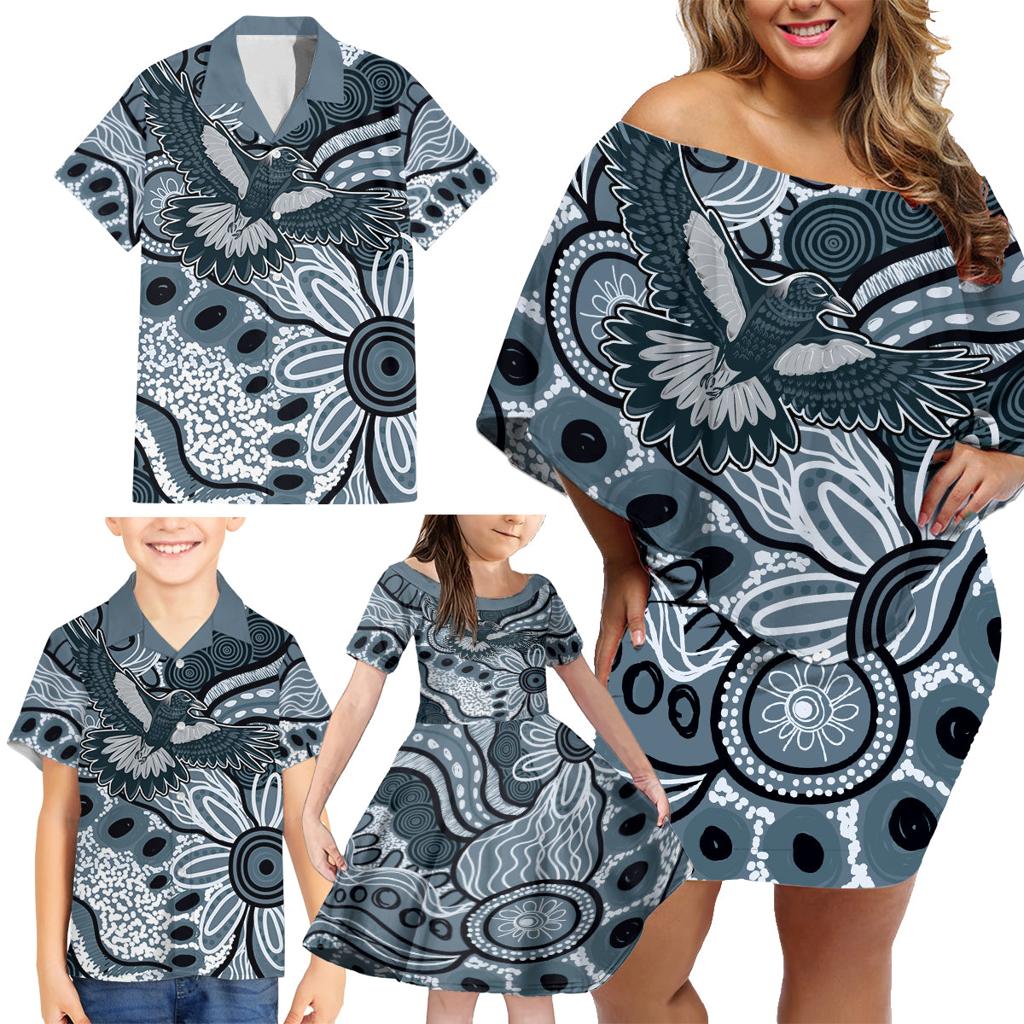 Magpies Aboriginal Art Family Matching Off Shoulder Short Dress and Hawaiian Shirt