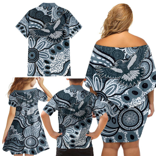 Magpies Aboriginal Art Family Matching Off Shoulder Short Dress and Hawaiian Shirt