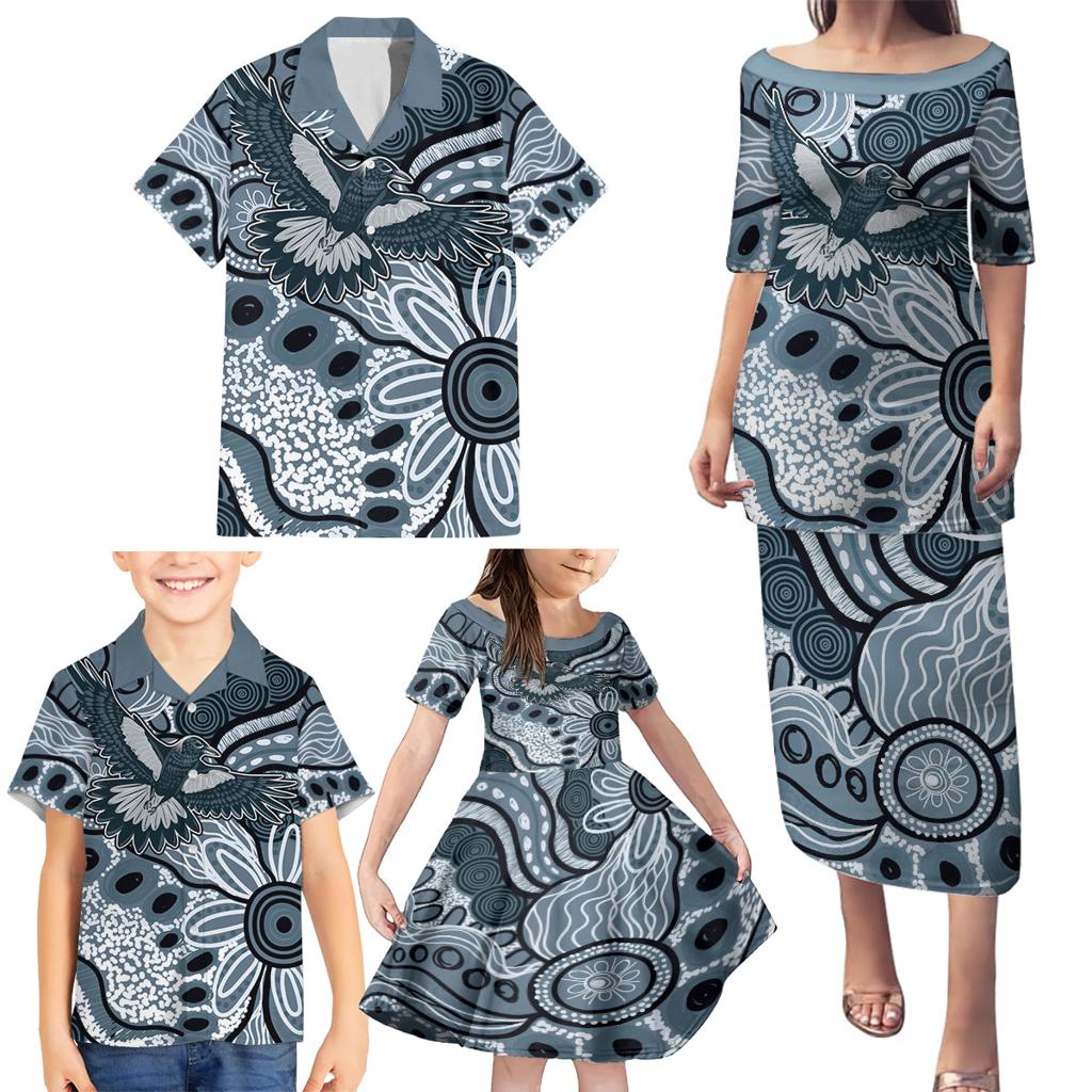 Magpies Aboriginal Art Family Matching Puletasi and Hawaiian Shirt
