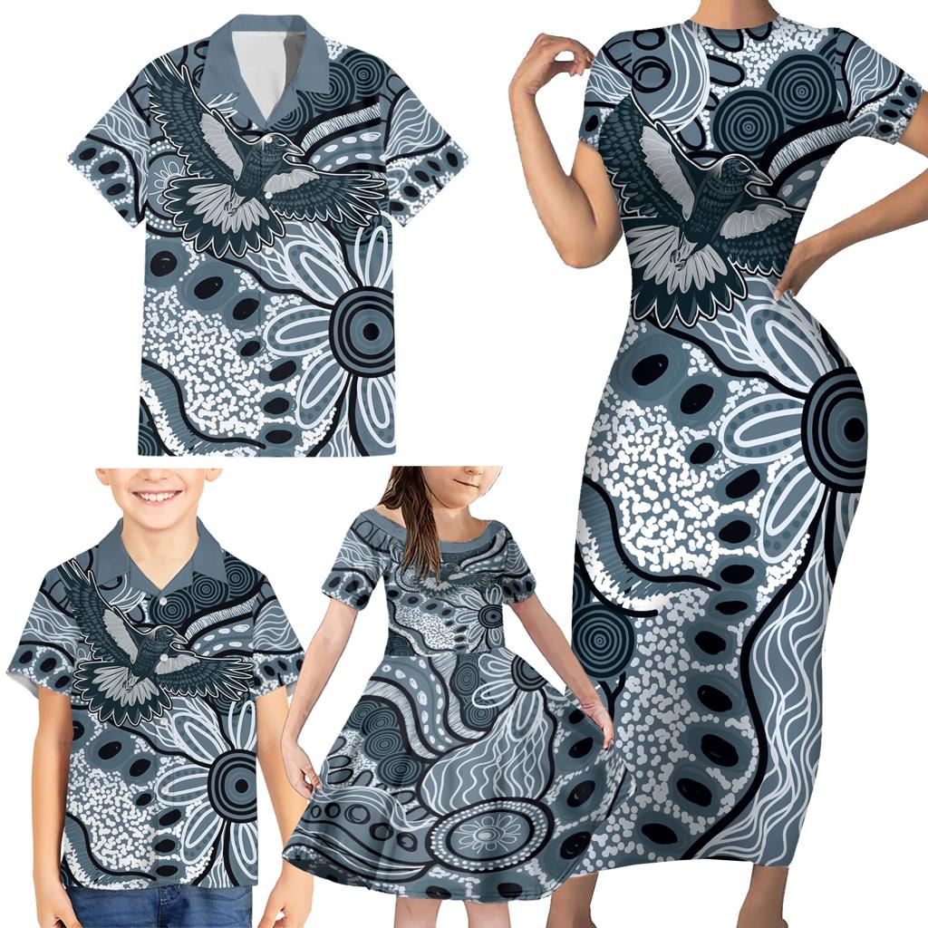 Magpies Aboriginal Art Family Matching Short Sleeve Bodycon Dress and Hawaiian Shirt