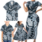 Magpies Aboriginal Art Family Matching Short Sleeve Bodycon Dress and Hawaiian Shirt
