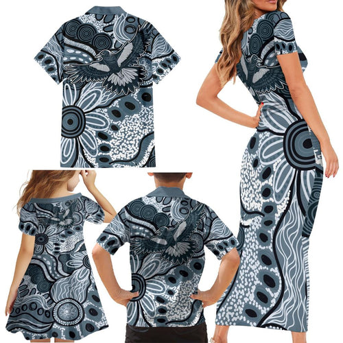 Magpies Aboriginal Art Family Matching Short Sleeve Bodycon Dress and Hawaiian Shirt