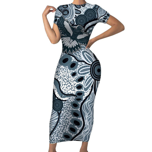 Magpies Aboriginal Art Family Matching Short Sleeve Bodycon Dress and Hawaiian Shirt