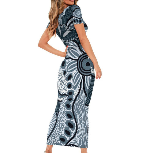 Magpies Aboriginal Art Family Matching Short Sleeve Bodycon Dress and Hawaiian Shirt