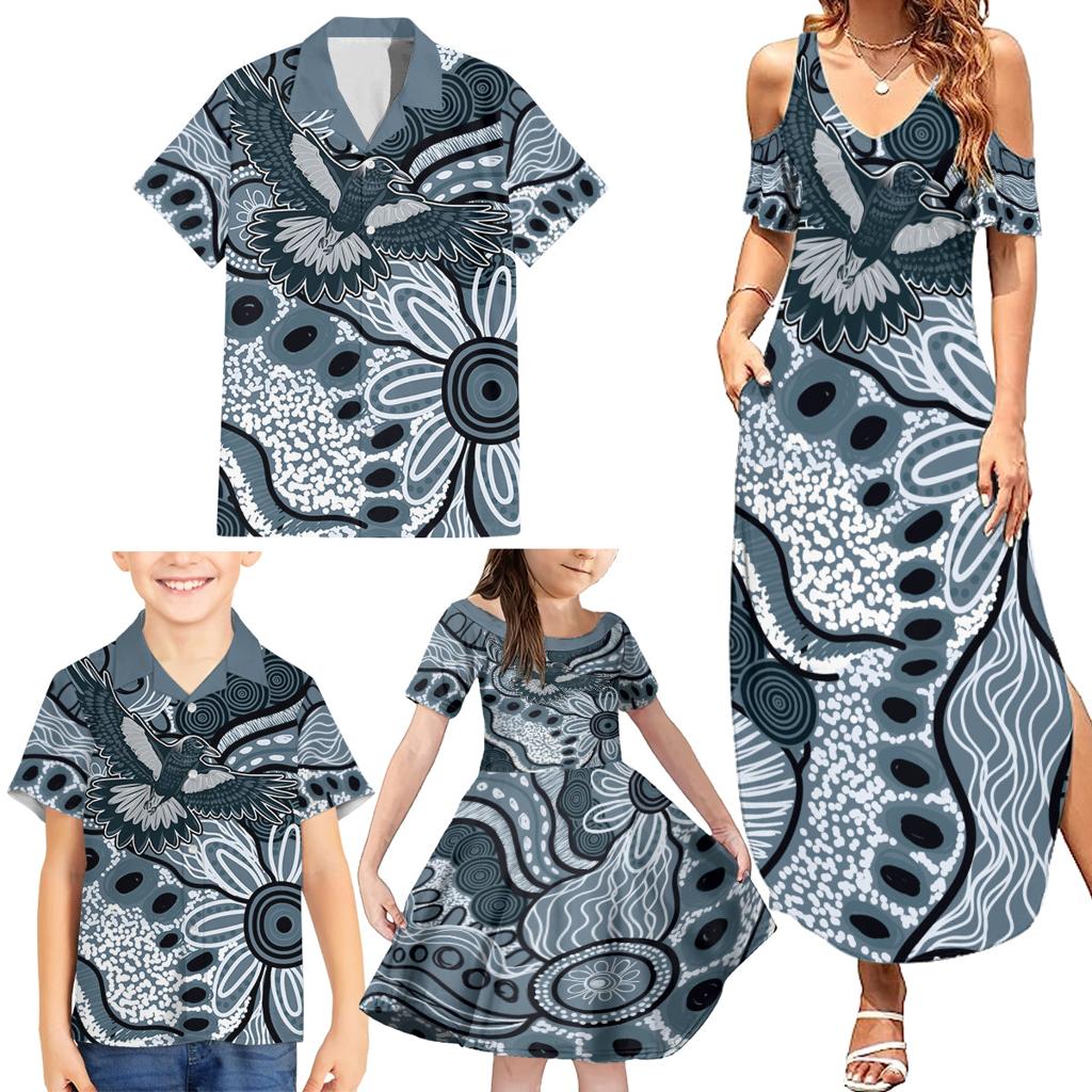 Magpies Aboriginal Art Family Matching Summer Maxi Dress and Hawaiian Shirt
