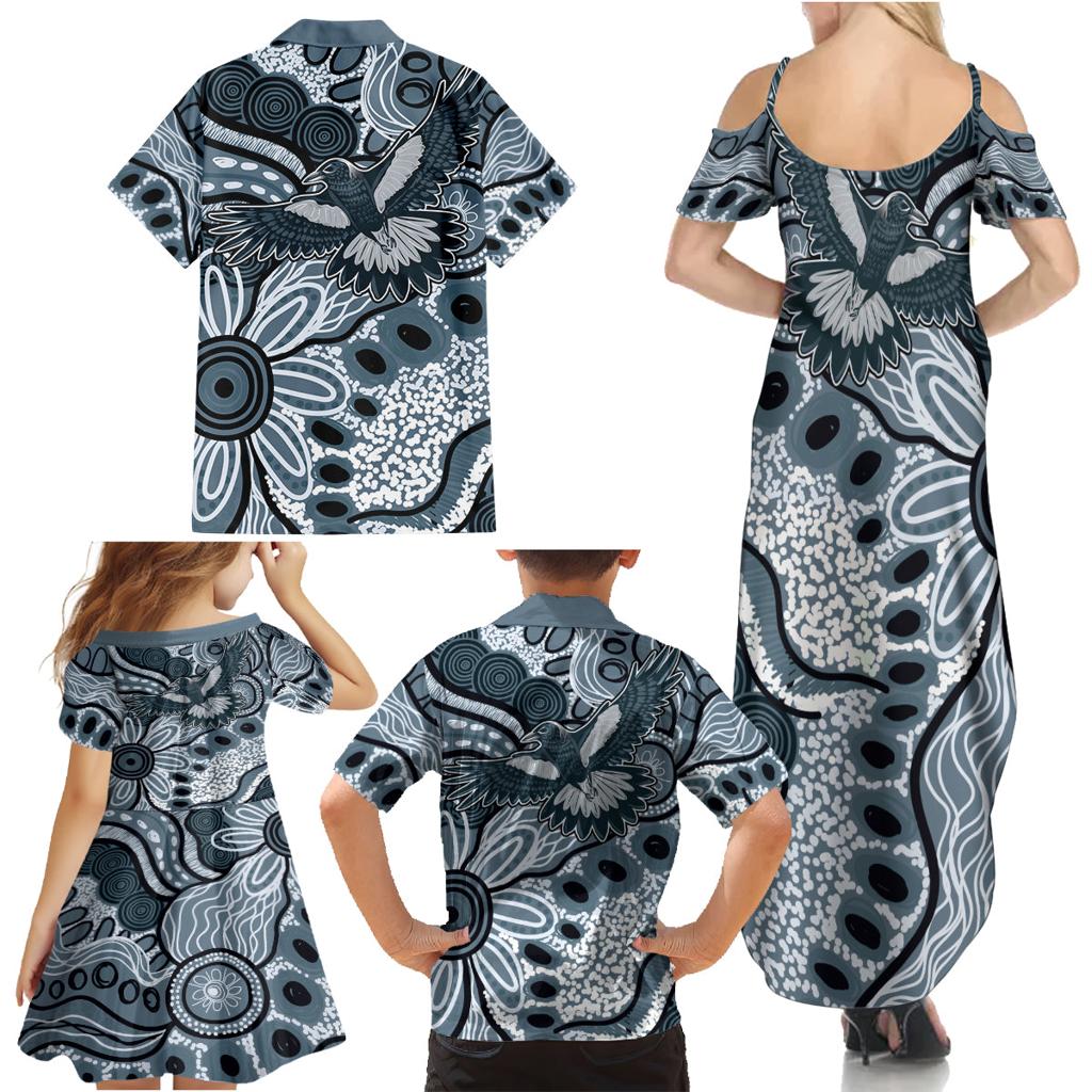 Magpies Aboriginal Art Family Matching Summer Maxi Dress and Hawaiian Shirt