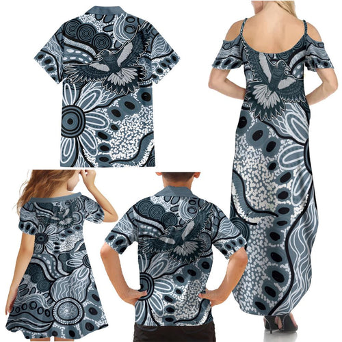 Magpies Aboriginal Art Family Matching Summer Maxi Dress and Hawaiian Shirt