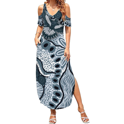 Magpies Aboriginal Art Family Matching Summer Maxi Dress and Hawaiian Shirt
