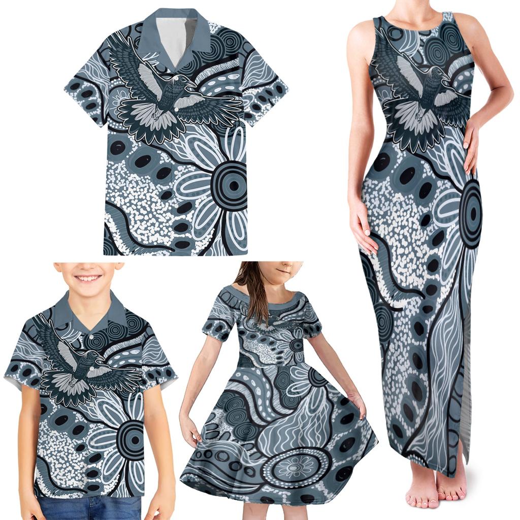 Magpies Aboriginal Art Family Matching Tank Maxi Dress and Hawaiian Shirt