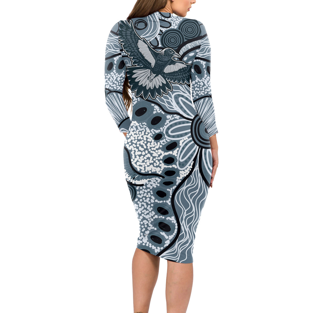 Magpies Aboriginal Art Long Sleeve Bodycon Dress