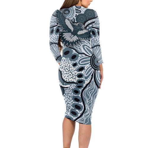 Magpies Aboriginal Art Long Sleeve Bodycon Dress