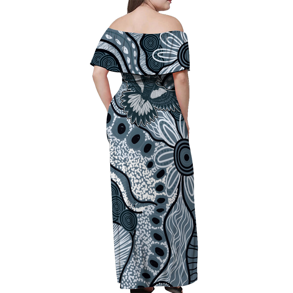Magpies Aboriginal Art Off Shoulder Maxi Dress