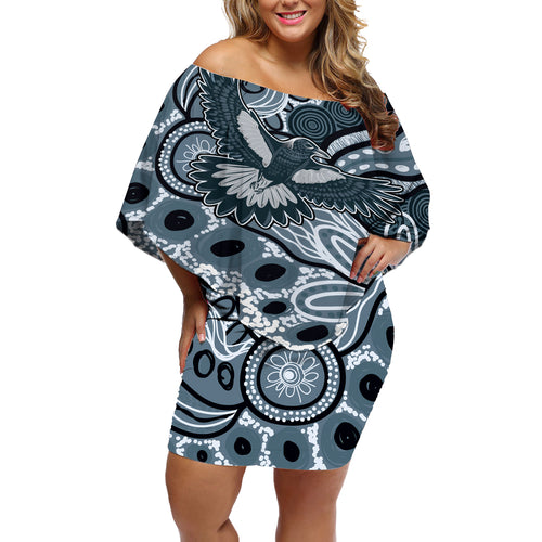 Magpies Aboriginal Art Off Shoulder Short Dress