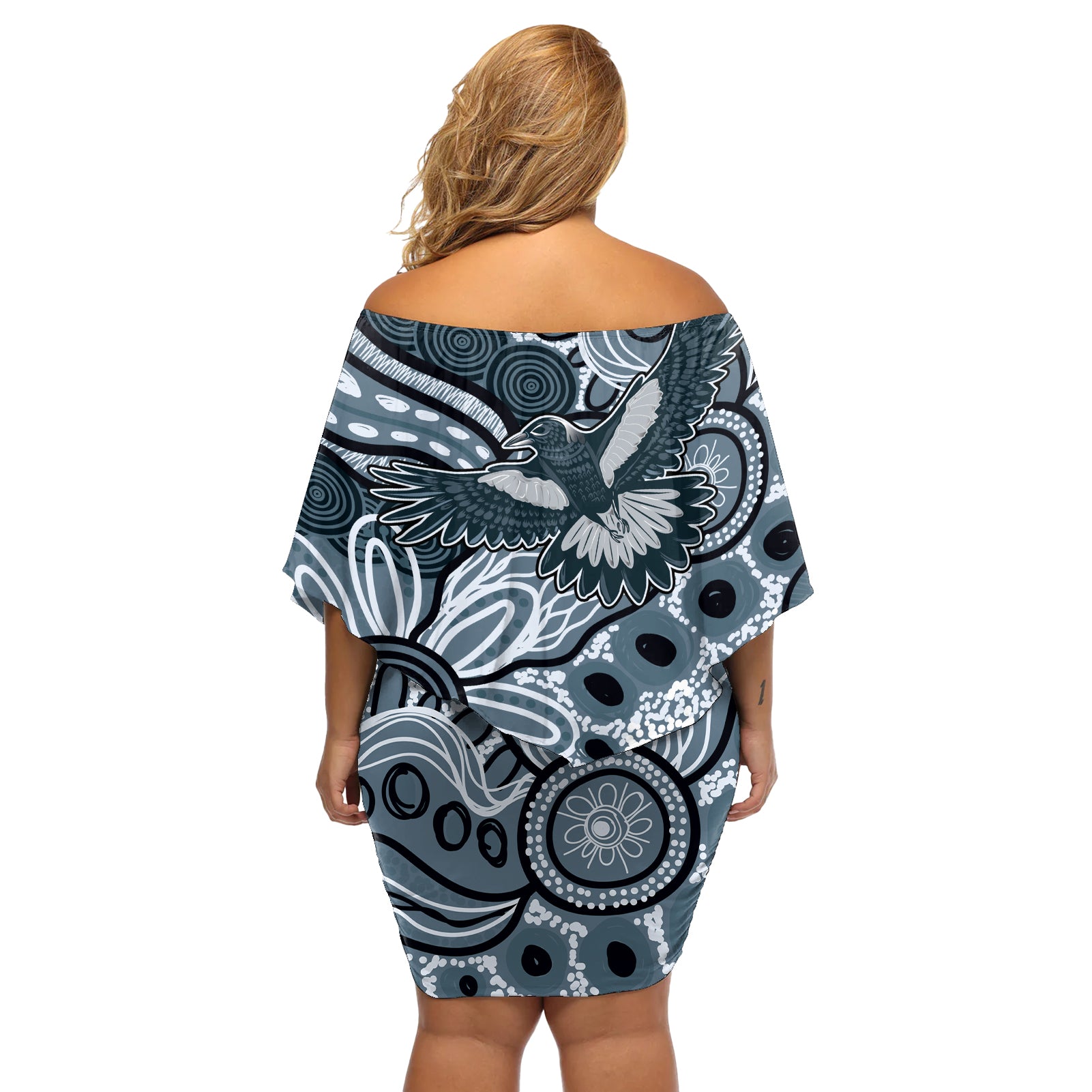 Magpies Aboriginal Art Off Shoulder Short Dress