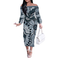 Magpies Aboriginal Art Off The Shoulder Long Sleeve Dress