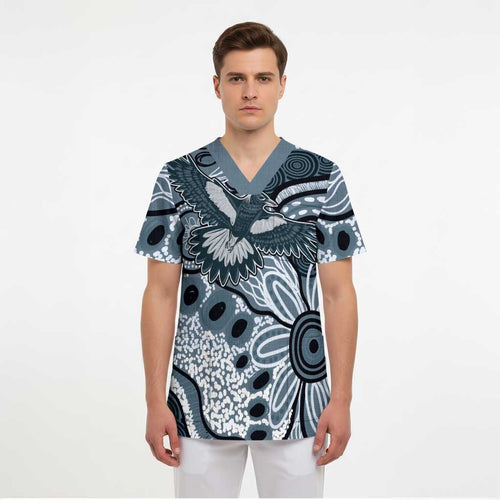 Magpies Aboriginal Art Scrub Top - Aussie Hoodie