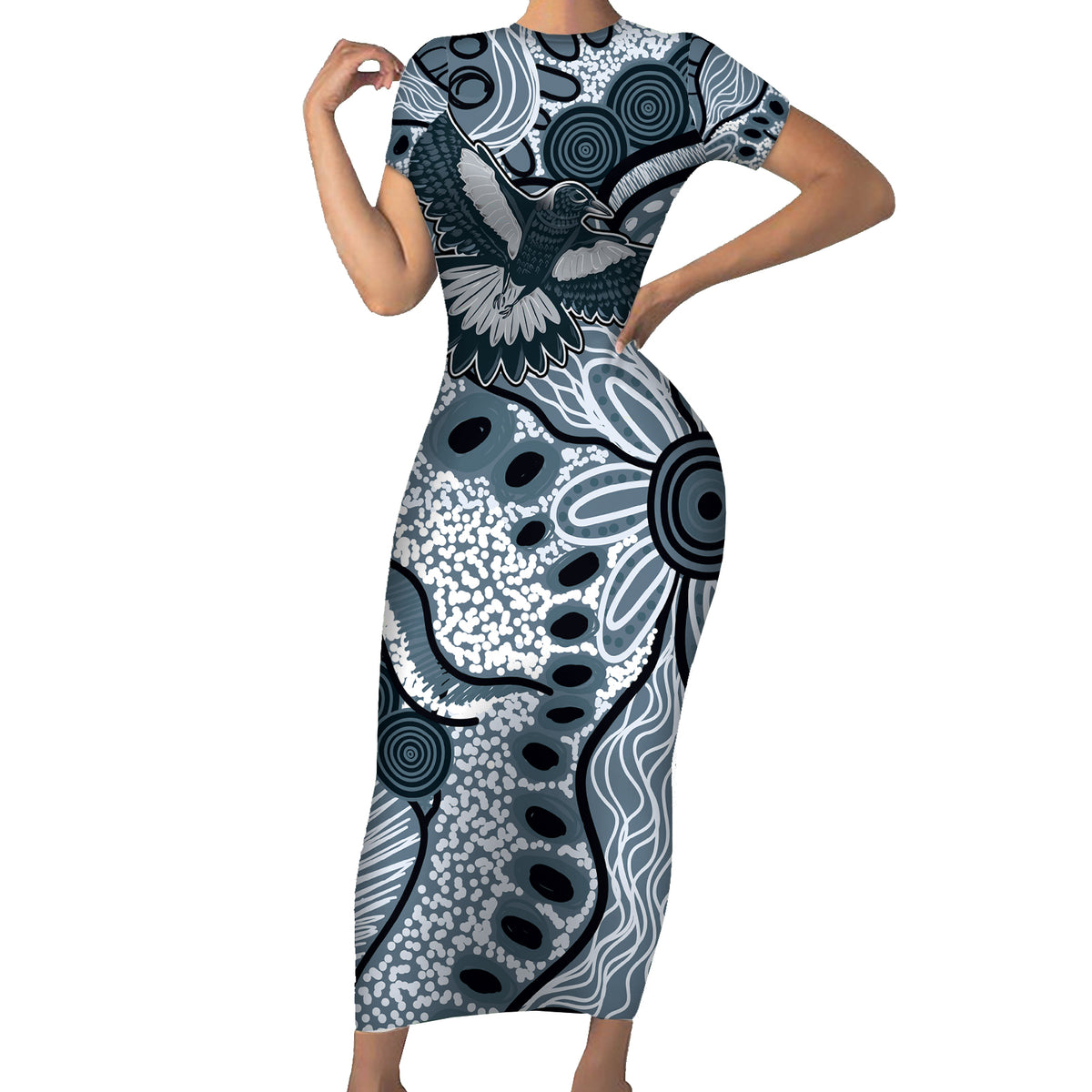 Magpies Aboriginal Art Short Sleeve Bodycon Dress