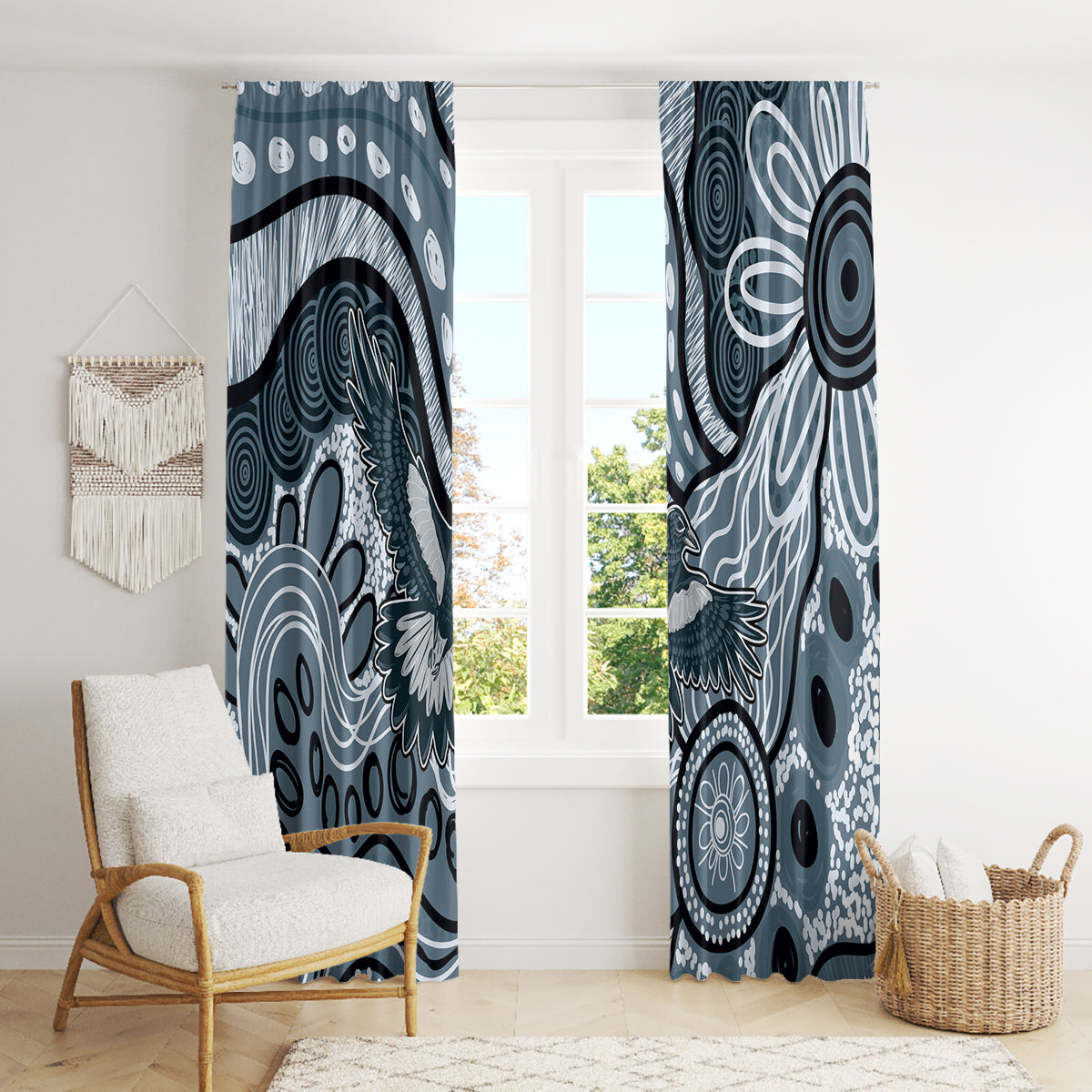 Magpies Aboriginal Art Window Curtain