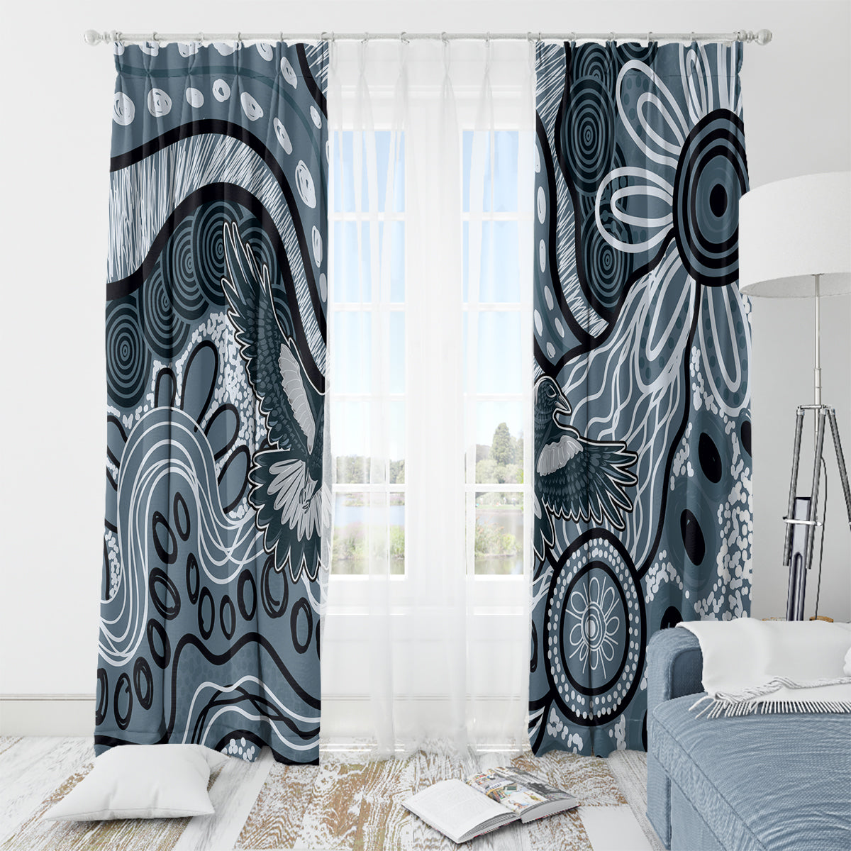 Magpies Aboriginal Art Window Curtain