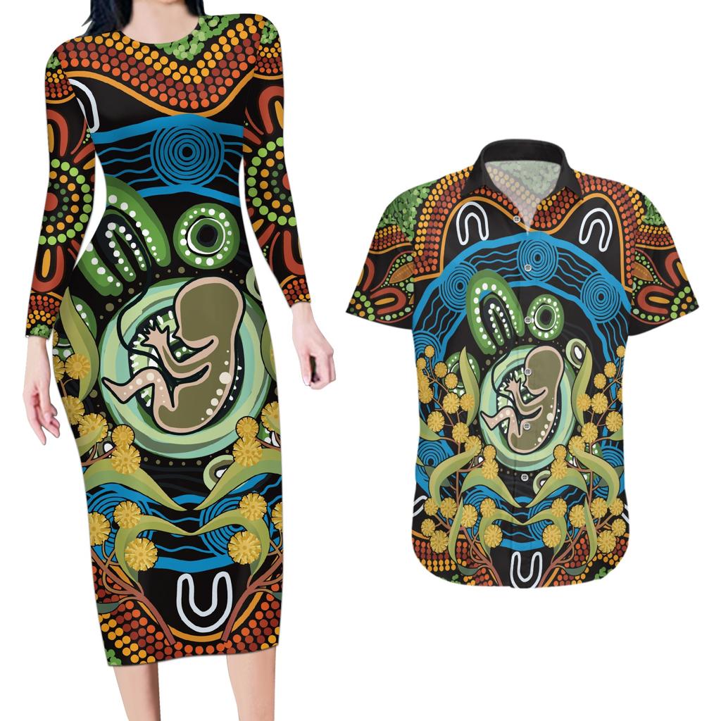 Baby in the Womb Couples Matching Long Sleeve Bodycon Dress and Hawaiian Shirt Aboriginal Art Style