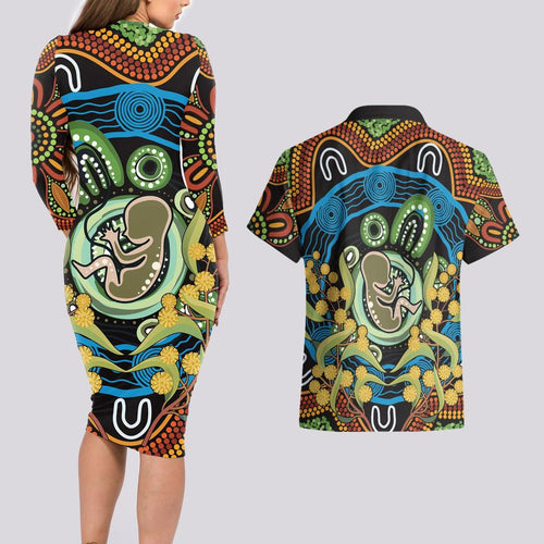Baby in the Womb Couples Matching Long Sleeve Bodycon Dress and Hawaiian Shirt Aboriginal Art Style