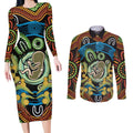 Baby in the Womb Couples Matching Long Sleeve Bodycon Dress and Long Sleeve Button Shirt Aboriginal Art Style