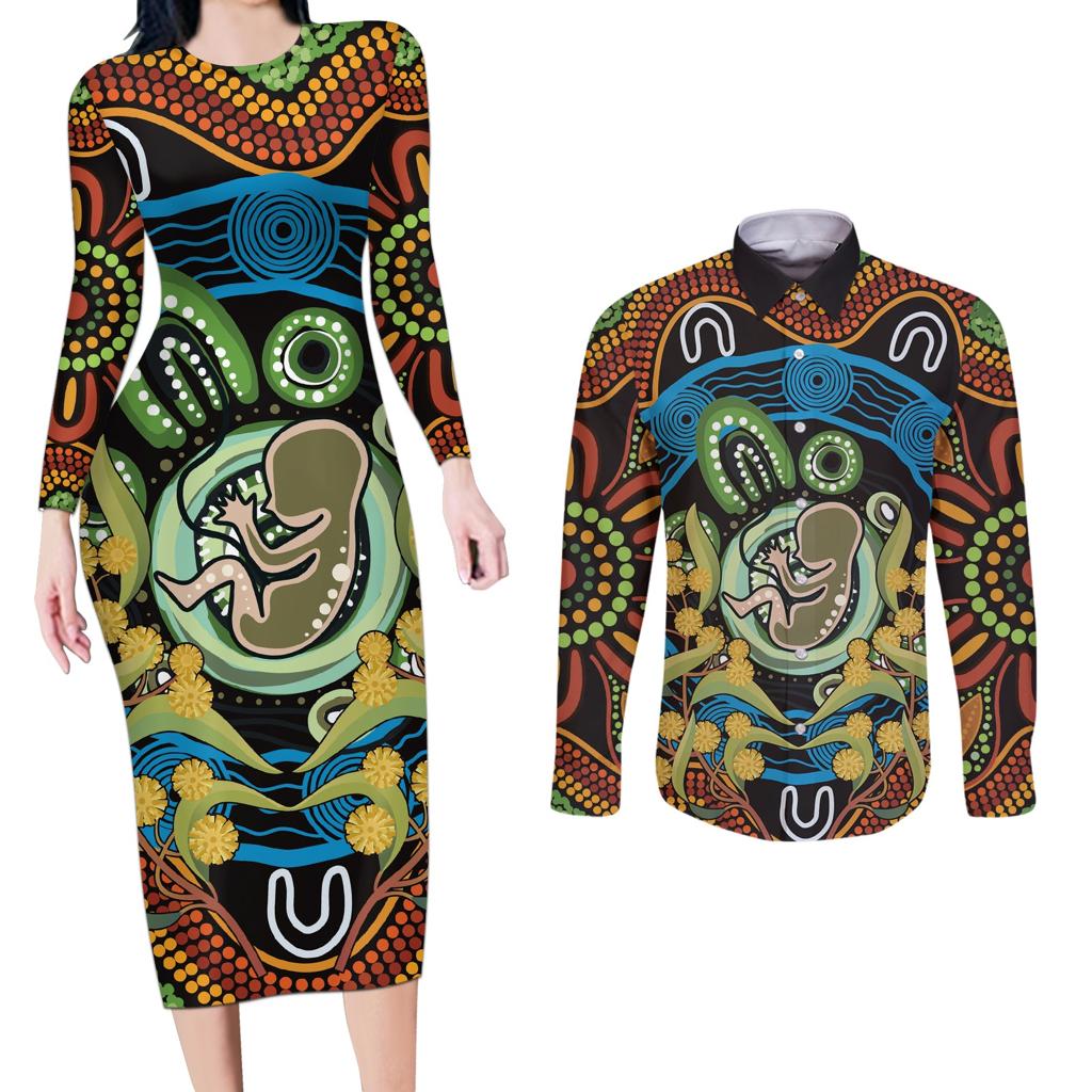 Baby in the Womb Couples Matching Long Sleeve Bodycon Dress and Long Sleeve Button Shirt Aboriginal Art Style