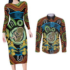 Baby in the Womb Couples Matching Long Sleeve Bodycon Dress and Long Sleeve Button Shirt Aboriginal Art Style