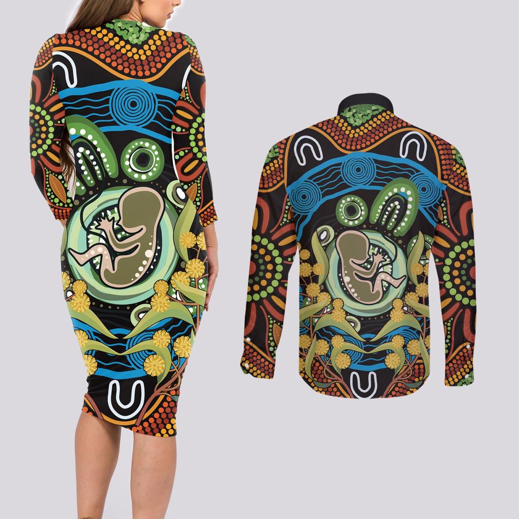 Baby in the Womb Couples Matching Long Sleeve Bodycon Dress and Long Sleeve Button Shirt Aboriginal Art Style