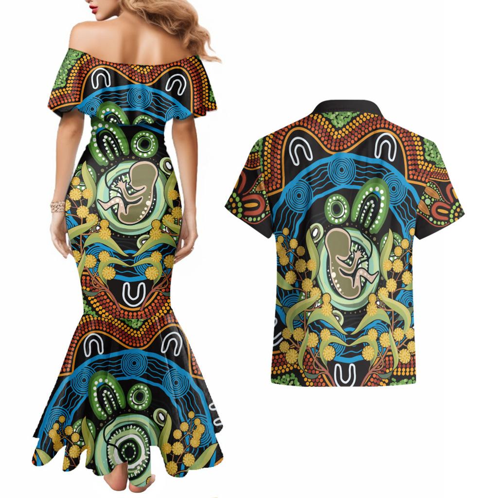 Baby in the Womb Couples Matching Mermaid Dress and Hawaiian Shirt Aboriginal Art Style