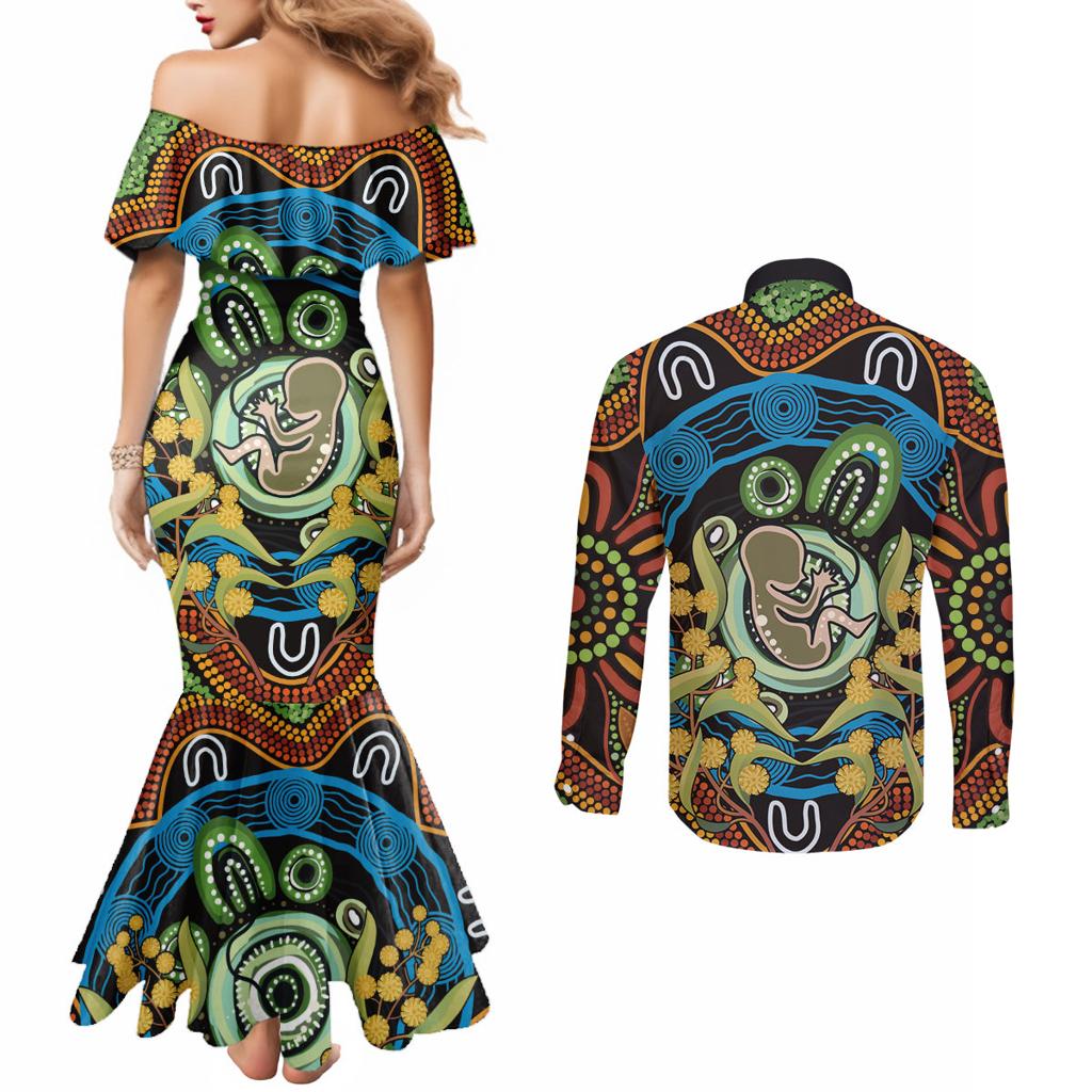 Baby in the Womb Couples Matching Mermaid Dress and Long Sleeve Button Shirt Aboriginal Art Style
